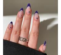 NICENEEDED 24 PCS Blue Press on Nails, French Tip Short Almond Fake Nails Star False Nails with Gems and Silver Metallic, Reusable Acrylic Full Cover Stick on Nail for Women Manicure