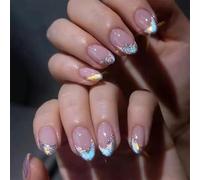 NICENEEDED 24 Pcs Cat Eye Press on Nails, Gold Curve Line Acrylic Fake Nails Medium Oval Glossy Silver Glitter French False Nails, Full Cover Stick on Nails for Women Halloween