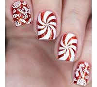 NICENEEDED 24 PCS Christmas Press on Nails, Short Square Fake Nails with Candy Designs, Xmas Red Glitter False Nails for Women Manicure Art