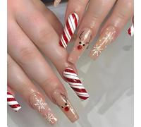 NICENEEDED 24 PCS Christmas Press On Nails, Short Square Fake Nails with Snowflake Candy Design, Winter Xmas False Nails for Women Manicure Art