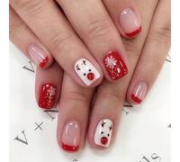 NICENEEDED 24 PCS Christmas Press on Nails, Short Square Fake Nails with Snowflake Designs, Winter Xmas False Nail for Women Manicure Art