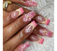 NICENEEDED 24 PCS Flower French Press on Nails, Medium Long Pink Fake Nail with Square Bling Glossy Design, Reusable Artificial False Nails for Women Manicure Art