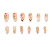NICENEEDED 24 PCS Flower Press on Nails, Almond Short Fake Nails Pink Rose Glue on Nail, Gold Chrome French Tip False Nails Cute Floral Bow Artificial Nail for Women Manicure Art