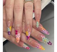 NICENEEDED 24 Pcs Flower Stiletto Long Press on Nails, Daisy Flower Nail Tips False Nails Almond Fake Nails with Colorful Floral Design Glossy Acrylic Glue on Nails Halloween