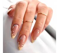 NICENEEDED 24 Pcs French Almond Press on Nails, Medium False Nails with Flower and Leaf Design, Oval Yellow Tip Fake Nails Glossy Full Cover Stick on Nails Artificial Glue on Nails for Women Nail Art