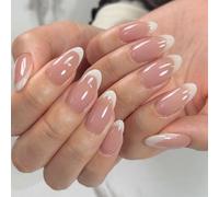 NICENEEDED 24 Pcs French False Nails, Nude Aurora Press on Nails, Medium Almond Fake Nail Acrylic White Tip Stick on Nails Glossy Artificial Nail Full Cover Glue on Nails for Women Halloween