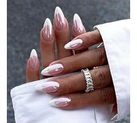 NICENEEDED 24 PCS French Tip Press On Nails, Chrome Glazed Glossy Medium Almond Fake False Nails, Soft Gel Full Cover Stick on Nails For Women Manicure Art