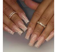 NICENEEDED 24 PCS French Tip Press on Nails, Coffin Sequin Fake Nails, Gold Edge Acrylic Nails Full Cover Stick on Nails Glitter Artificial Nails Decor for Women Nail Art Halloween