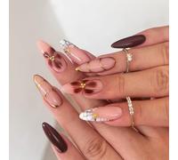 NICENEEDED 24 PCS French Tip Press on Nails, Flower Rhinestones Design False Nail Almond Medium Artificial Fingernails, Reusable Acrylic Full Cover Stick on Nail for Women Manicure