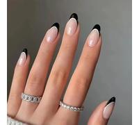 NICENEEDED 24 Pcs French Tip Short False Nails, Black and White Edge Almond Press on Nails, Nude Pink False Nails Oval Medium Stick on Nails Acrylic Full Cover Fake Nails for Women Halloween