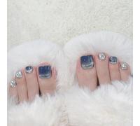NICENEEDED 24 PCS Gray-blue Cat Eye Bling Foot Fake Nails, Mirror Short Square Glossy False Toenails with Gel, Press on Glitter Artificial Toe Nails for Women Halloween