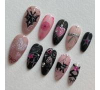 NICENEEDED 24 PCS Halloween Fake Nails, Medium Almond Press on Nails with Spiders, Punk Artificial Full Cover Stick on Nails for Women