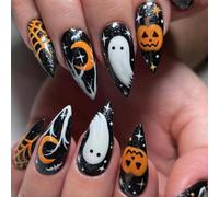NICENEEDED 24 PCS Halloween Medium Press on Nails with Ghost Pumpkin, Cobweb Almond Shaped Plastic False Nails, Full Cover Fake Nails with Jelly Glue for Women Manicure DIY
