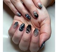 NICENEEDED 24 PCS Halloween Press on Nails, Black Gradient False Nails With Cobweb Bat Design, Short Almond The Day of Dead Fake Nail, Reusable Full Cover Stick on Nails for Women Manicure