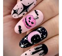 NICENEEDED 24 PCS Halloween Press on Nails, Medium Almond Fake Nails with Pumpkins Moons Star Design Pink Black Spooky False Nails, Reusable Full Cover Stick on Nails for Women Manicure