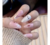 NICENEEDED 24 PCS Halloween White Ghost Press on Nails, Short Almond Fake Nail with Spider Red Bloodstains Design, French Tips False Nail for Women Manicure Art