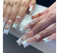 NICENEEDED 24 Pcs Long Coffin Press on Nails, French False Nails 3D Butterfly Fake Nail, Artificial Nail Full Cover on Nails for Women DIY Nail Art Halloween