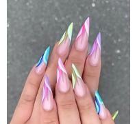 NICENEEDED 24 PCS Long Stiletto Press on Nails,Colorful Almond French Tip False Nails Glossy Artificial Nails, Full Cover Acrylic Nail Art Kit for Women Manicure