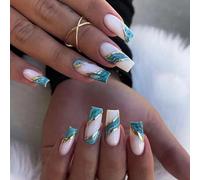 NICENEEDED 24 PCS Medium Green Coffin Press on False Nails, Reusable Acrylic Gradient Full Cover Stick on Nails for DIY, Marble Glossy Fake Nails for Women Halloween