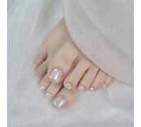NICENEEDED 24 PCS Pearl White Press on False Toe Nails, Short Glue on Acrylic Toenails, Glitter Coffin Artificial Stick on Fake Toe Nails for Women Nail Salon and Nail Decoration Halloween