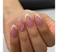 NICENEEDED 24 PCS Press On Nails, French Short Almond Fake Nails Nude False Fingernails with White and Gold Line, Glossy Natural Reusable Full Cover Acrylic Nail Art Kit for Women Manicure