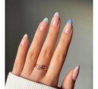 NICENEEDED 24 Pcs Rainbow Almond Press on Nails, Colorful French Tips Fake Nails, Oval Glossy Full Cover Stick on Nails Acrylic Pastel False Nails Glue on Nails for Women Nail Decoration Halloween