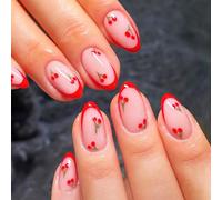 NICENEEDED 24 PCS Red Press on Nails with Red Cherry, French Tip Short Almond Fake Nails, Reusable Acrylic Full Cover Stick on Nail for Women Manicure