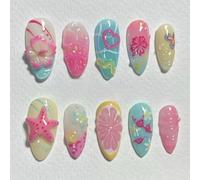 NICENEEDED 24 PCS Summer Beach Press on Nails, 3D Seashell Flower Medium Almond Fake Nails Heart Starfish Lemon Butterfly False Nail, Full Cover Artificial Nails for Women Manicure