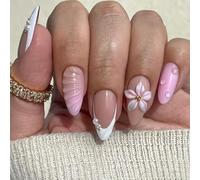 NICENEEDED 24 PCS Summer Flower Press on Nails, Medium Almond Fake Nails with Pearl Gold Beads Designs, 3D Water Drop Ripples French Tip Full Cover Nails for Women Manicure