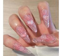 NICENEEDED 24 Pcs Valentine Medium Almond Plastic False Nails, Pink Glitter Glossy Full Cover Stick on Nails, 5D Heart-Shaped Designs, 12 Sizes, 1 Adhesive, 1 File, 1 Wooden Stick