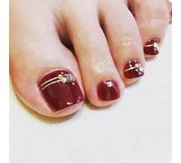 NICENEEDED 24 PCS Wine Red Press on Toenails with Rhinestones, French Tips Full Cover Square False Toe Nails, Artificial Stick on Toenails for Women Manicure