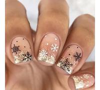 NICENEEDED 24PCS Christmas Press on Nails, Short Square False Nail with Snowflake Design, Black Snowing Fake Nail for Women Manicure Art