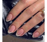 NICENEEDED 24PCS French Tip Press On Nails - Short Almond Acrylic Full Cover Artificial Tips With Natural Nude Finish for Women Manicure Decor Halloween