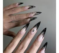 NICENEEDED 24PCS Halloween Press on Nails, Black Blood Gradient Long Stiletto Acrylic, Full Cover False With Moon Glossy Glue on Artificial for Women
