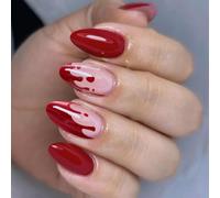 NICENEEDED 24PCS Halloween Press on Nails, Glossy Red Artificial Nails Medium Almond Fake Nails with Blood Drop Design, Full Cover Stick on Nails Reusable False Nails for Women