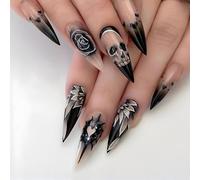 NICENEEDED 24PCS Halloween Press on Nails, Goth Fake Nails Black Rose False Nails with Rhinestone, Long Stiletto Nails Full Cover Acrylic Nails Stick On Nails for Women Manicure Decor
