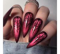 NICENEEDED 24PCS Halloween Press on Nails, Spider Web Long Stiletto Fake Nails, Red Acrylic Stick On Nails for Women Manicure Decor
