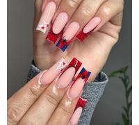 NICENEEDED 24PCS Halloween Press on Nails, Square Artificial Nails Red French Tip False Nails, Spider Web Coffin Fake Nails Full Cover Glue on Nails for Women Manicure DIY