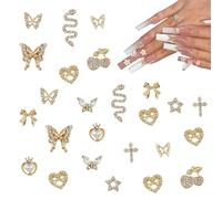 NICENEEDED 24PCS Nail Charms Alloy Nail Art Rhinestone Charms, 3D Heart Bow Butterfly Charm with Rhinestones, Cherry Nail Gems Shiny Jewelry Nail Decorations Supplies