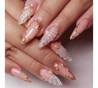 NICENEEDED 24Pcs Nude Press on Nails, Almond Medium Fake Nails with Gold Bead Designs, Glitter Acrylic Nails for Women