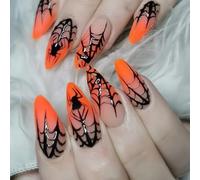 NICENEEDED 24PCS Orange Gradient Halloween Press on Nails, Spider Spiderweb Medium Almond Acrylic Nails, Full Cover False Nail Artificial Nail for Women Decor