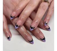 NICENEEDED 24PCS Purple French Tip Halloween Press on Nails, Medium Almond Acrylic Nails, Full Cover Artificial Manicure for Women