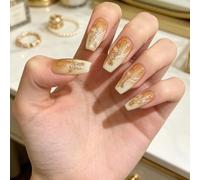 NICENEEDED 26 PCS White Curve Line Press on Nails, Yellow Gradient Medium Square Fake Nails, Glossy Gold Glitter Stick on Nail for Women Manicure Art