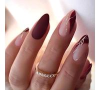 NICENEEDED 28 PCS Wine Red Press on Nails, Medium Almond Nude Pink False Nails with Glitter Gold Lines, French Full Cover Acrylic Nail Art Kit for Women Manicure