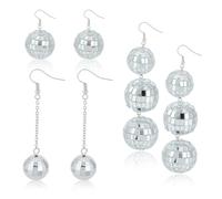 NICENEEDED 3 Pairs Disco Ball Earrings, 60'S Silver Mirror Disco Ball Drop Dangle Earrings, Mirrorball Punk Jewelry Earrings for Women 70'S Party Costume Decoration