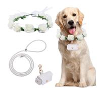 NICENEEDED 3 Pcs Dog Wedding Collar Flower Set, Pearls Beaded Pet Leash Ring Bearer Wedding Ring Holder, Pouch Box Adjustable Dog Neck Bow Tie for Pet Wedding
