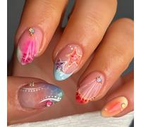NICENEEDED 30 PCS Summer Press on Nails, 3D Starfish Medium Almond False Nail, Water Drop Ripples Reusable Full Cover Artificial Nails for Women Manicure