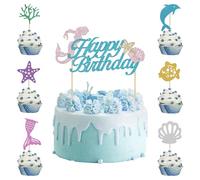 NICENEEDED 31 Pcs Ocean Sea Animals Cupcake Toppers, Whale Octopus Fish Cupcake Picks, Mermaid Happy Birthday Cake Toppers for Ocean Animals Theme Baby Shower Birthday Cake Decor Supplies