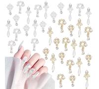 NICENEEDED 36 Pcs Luxury Nail Charms, 3D Dangle Nail Art Rhinestones, Gold Silver Pearl Crystal Gems Nail Diamond for Women DIY Design Craft Jewelry Making