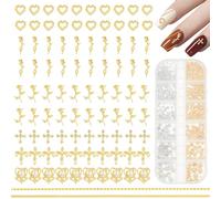 NICENEEDED 3D Luxury Gold Cross Nail Charms, Flat Back Bead Nail Charms Nail Art Chains Crown Heart Flower Nails Charms, Shiny Nails Jewelry for Nails Supplies DIY Accessories